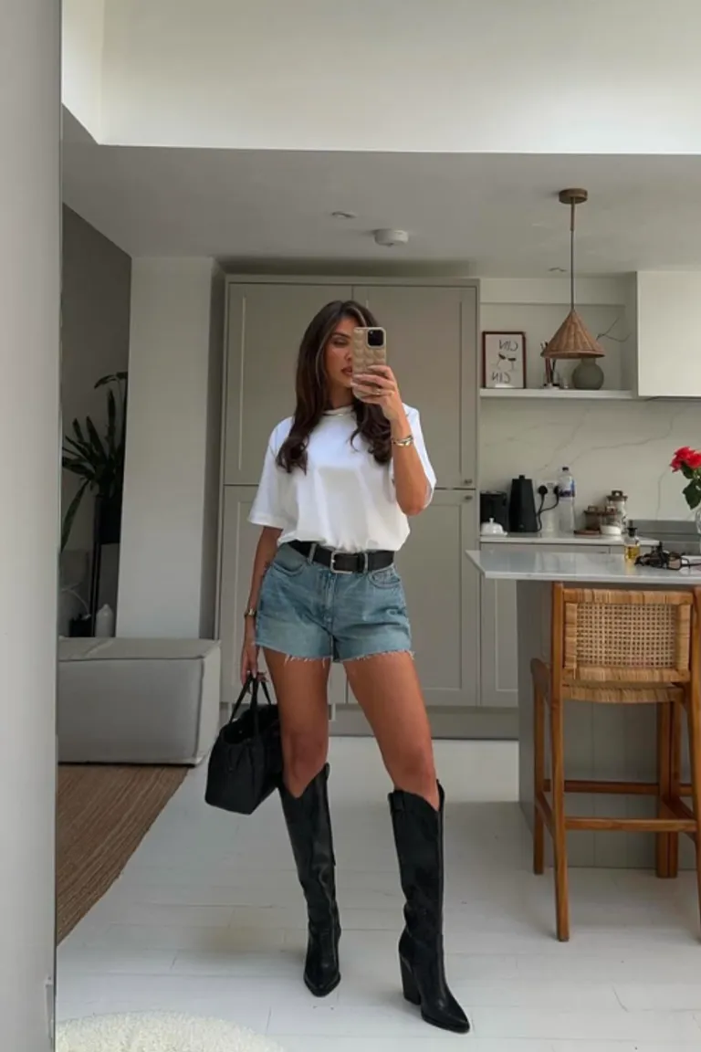 Botas Altas Negras con Shorts de Mezclilla: Look Casual-Chic de ootd para argentina