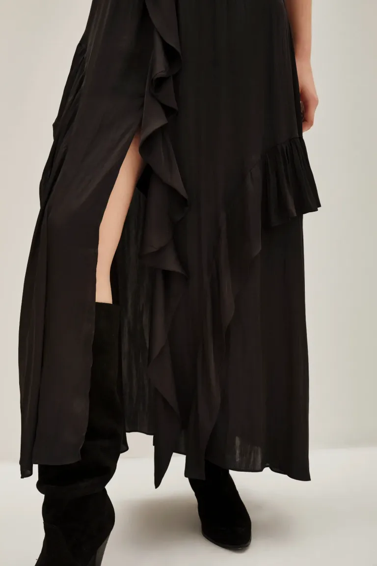 Vestido largo con diseño de volados y escote profundo en frente y espalda de Rapsodia en Vestidos para argentina