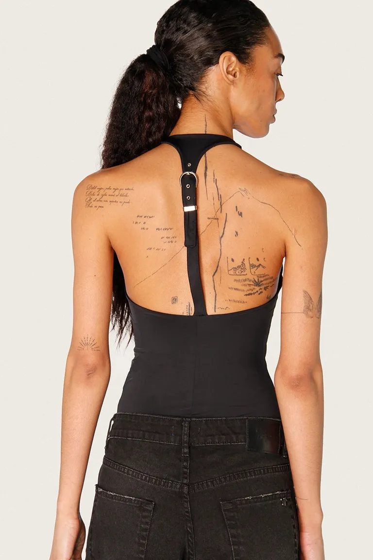 Body negro de diseño irregular con detalles en la espalda de Sofia Sarkany en Bodies para argentina