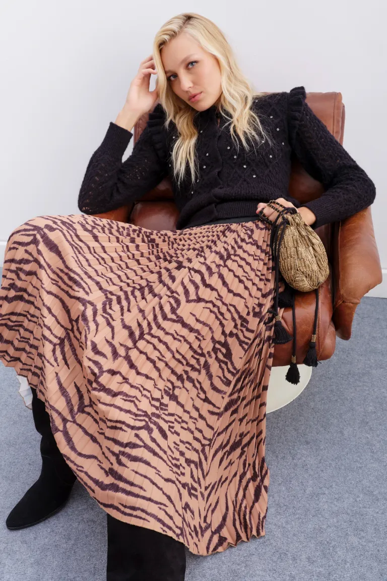 Falda plisada estampada con patrón cebra de diseño elegante y versátil de Rapsodia en Faldas para argentina