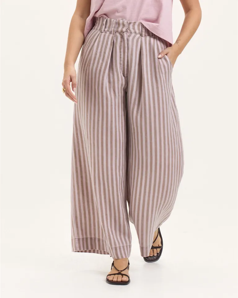 Pantalón Geri: Corte Amplio y Suave Caída en Lino con Estampado de Rayas de Blue Sheep en Pantalones para argentina