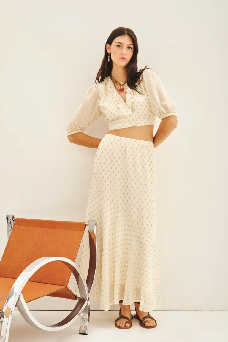 Falda larga tiro alto con acabado metalizado en viscosa de Rapsodia en Faldas para argentina