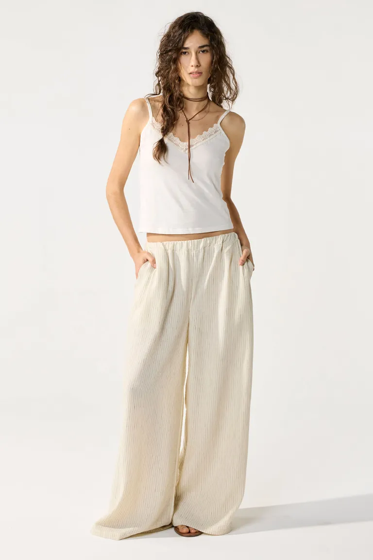 Pantalón wide leg de lino en tono natural y corte elegante de Cuesta Blanca en Pantalones para argentina