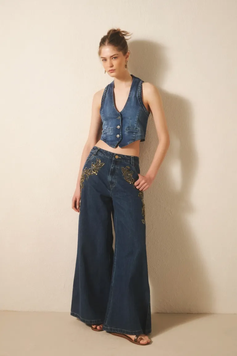 Pantalón de corte oxford con bordado dorado para mujer de Rapsodia en Pantalones para argentina