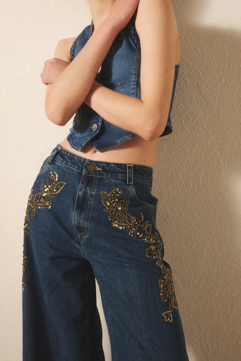 Pantalón de corte oxford con bordado dorado para mujer de Rapsodia en Pantalones para argentina