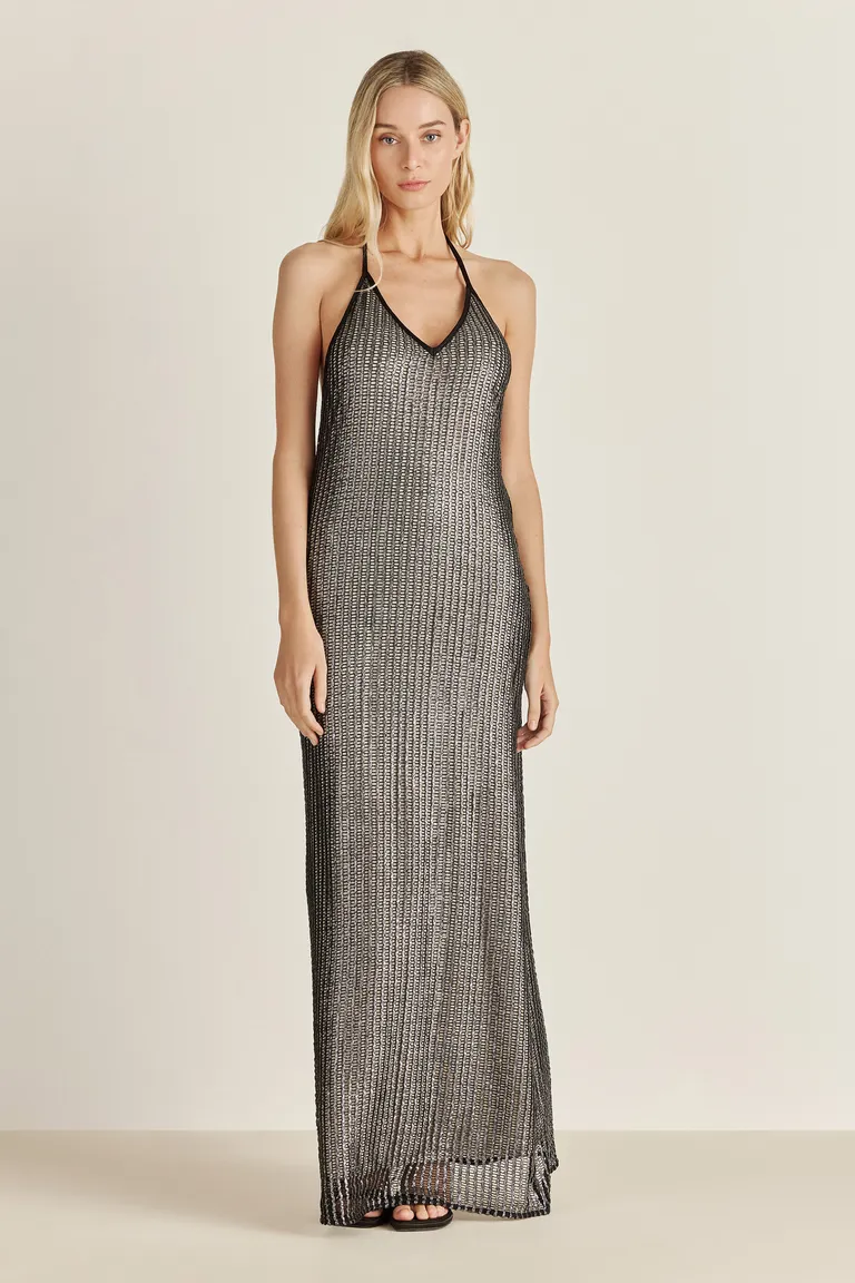 Vestido de red foil y punto con breteles anudables para un look glamoroso de Tucci en Vestidos para argentina