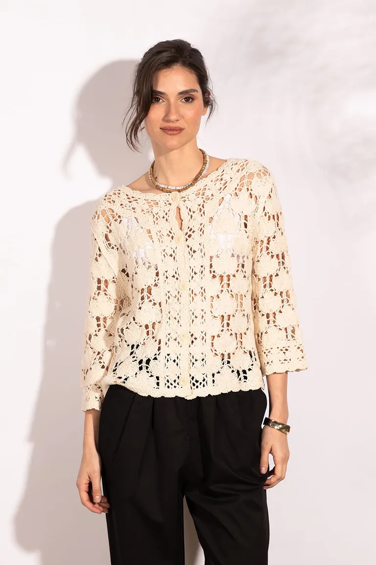 Blusa de algodón a crochet de corte holgado y mangas 3/4 de Indiastyle en Blusas para argentina