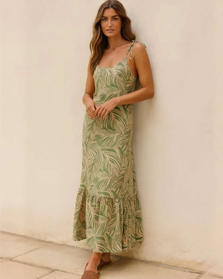 Vestido de lino con estampado tropical de diseño fruncido y tirantes para atar de Hesed en Vestidos para argentina