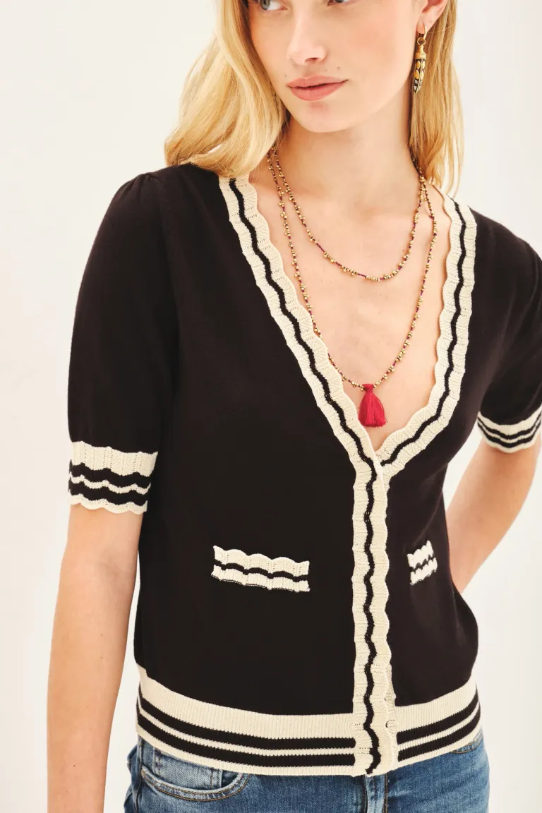 Cardigan de viscosa con detalles en lurex, de estilo preppy y manga corta de Rapsodia en Chaquetas para argentina