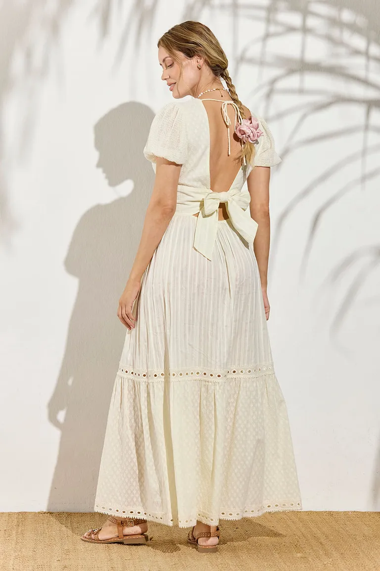 Vestido largo con escote en V mangas cortas y falda amplia con frunces de Indiastyle en Vestidos para argentina