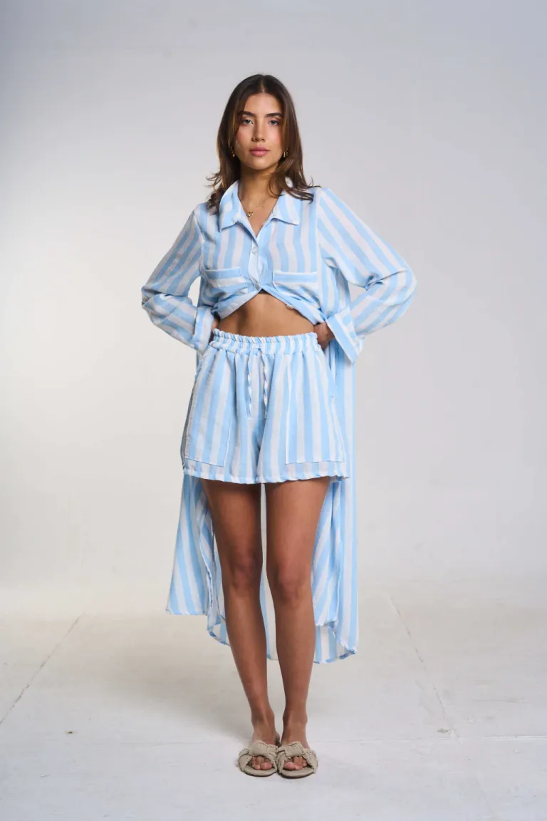 Conjunto de camisa y shorts de lino con rayas en tonos azules de Belle en Camisas para argentina