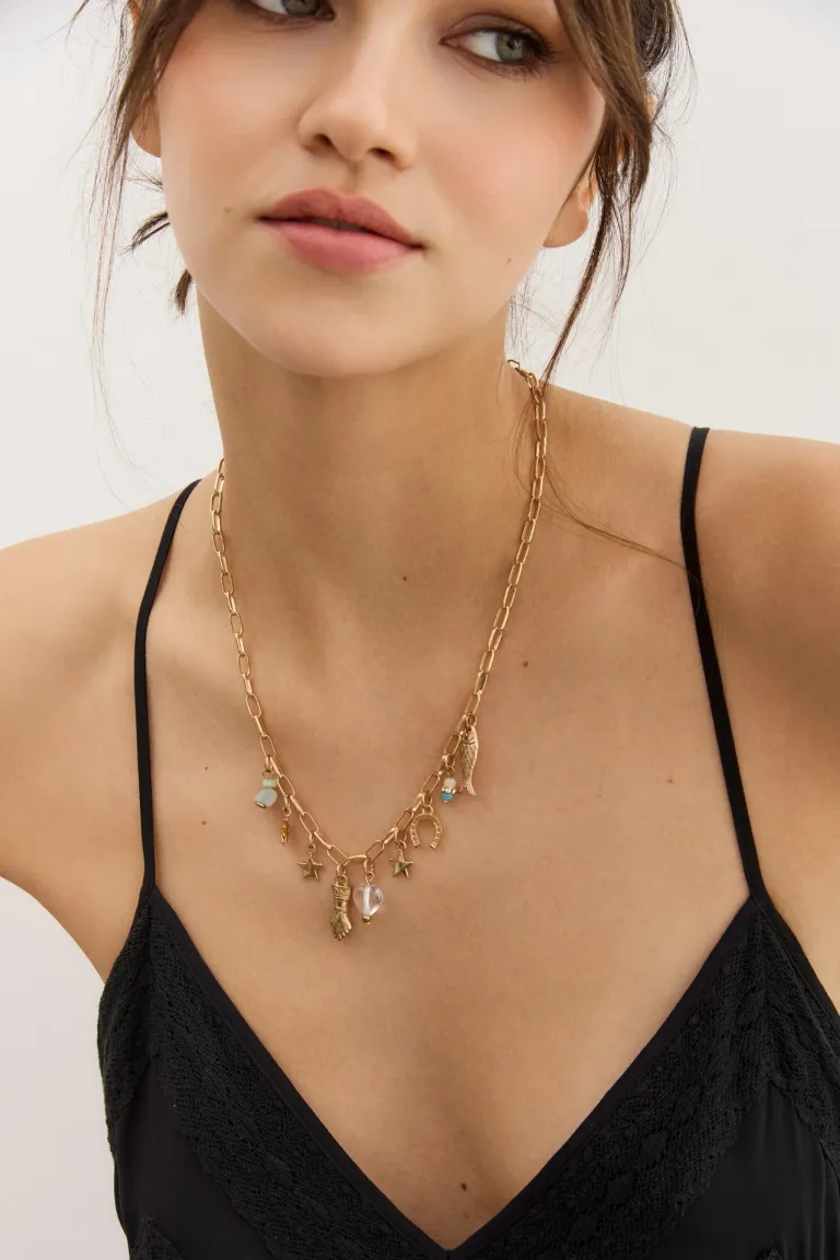 Collar de cadena con multidijes en metal y piedra facetada de Rapsodia en Bijouterie para argentina