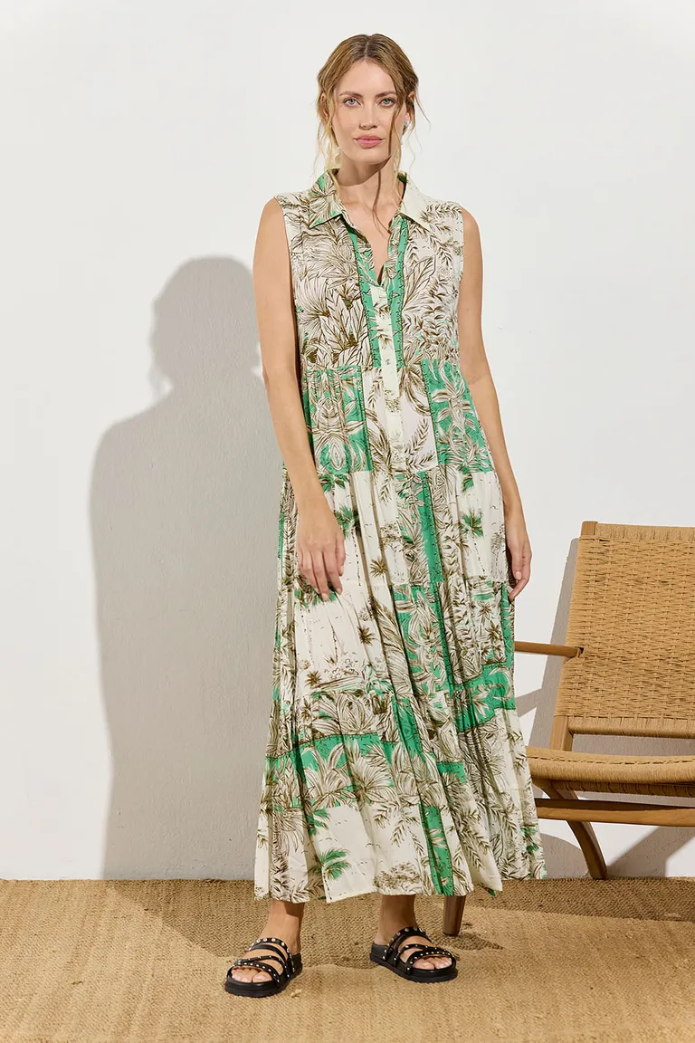 Vestido largo sin mangas con estampado floral, diseño camisero y frunces en las uniones de Indiastyle en Vestidos para argentina