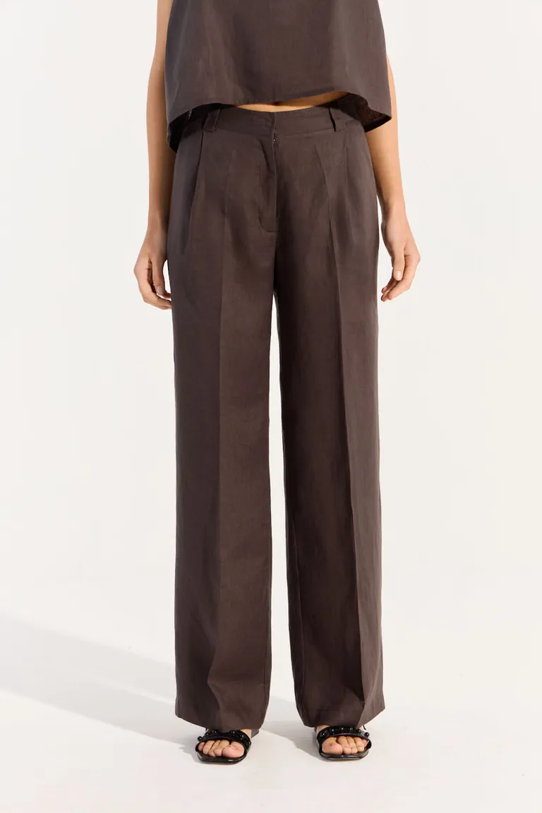 Pantalón de lino de pierna ancha en tono marrón para mujer de Portsaid en Pantalones para argentina