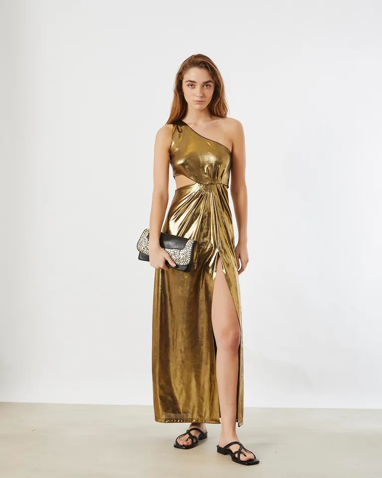 Vestido largo de un solo hombro con tajo frontal en tonalidad dorada de Wanama en Vestidos para argentina