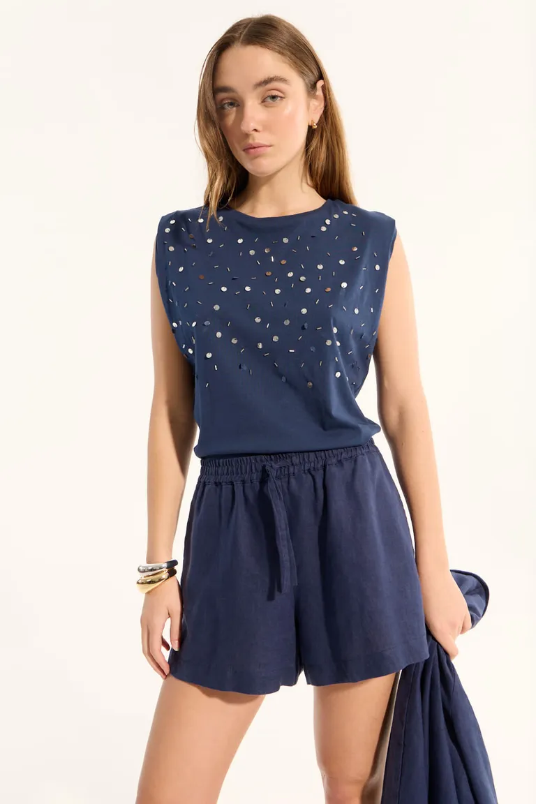 Remera de Algodón con Aplicaciones Bordadas en Tonos Azulados de Portsaid en Remeras para argentina