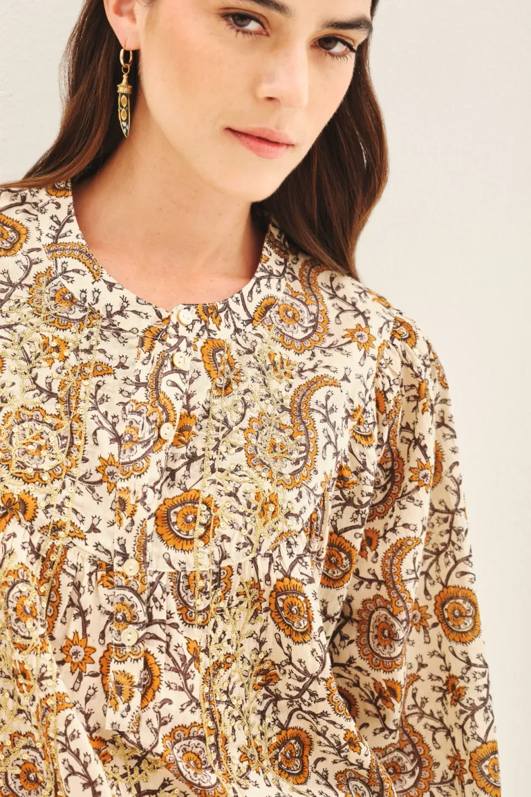 Camisa de algodón con bordados en hilo de lurex y diseño estampado de Rapsodia en Camisas para argentina