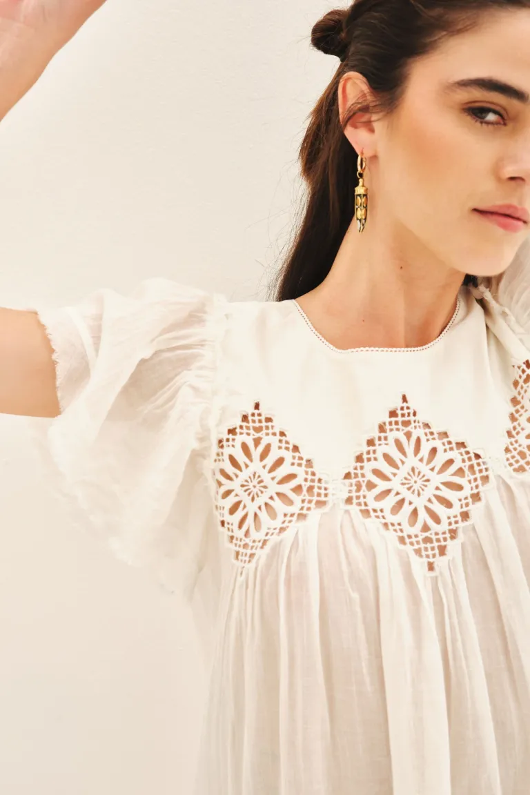 Vestido de algodón blanco con detalles de bordado y volados de Rapsodia en Vestidos para argentina