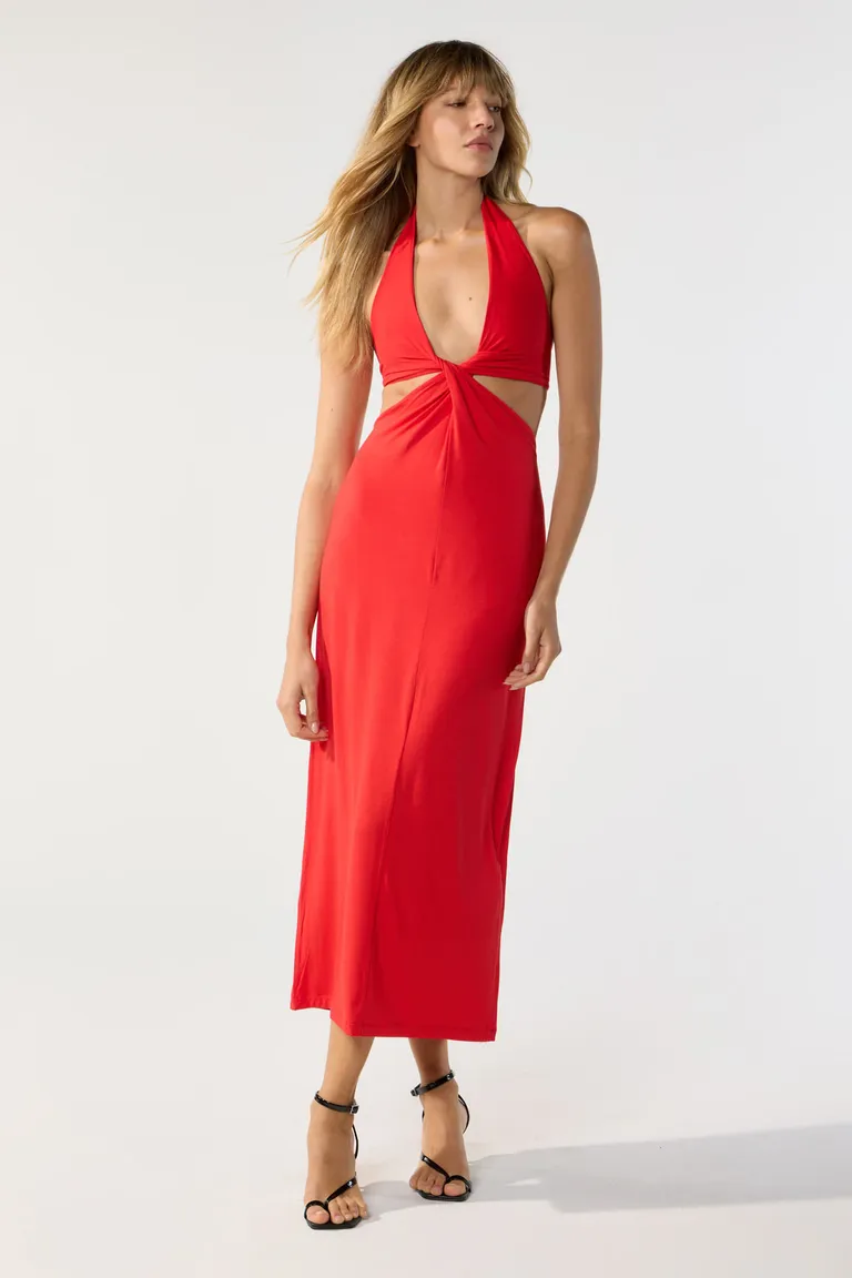 Vestido largo rojo de jersey con escote cruzado y bretel de Cuesta Blanca en Vestidos para argentina