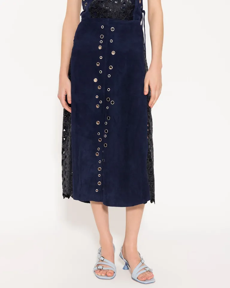 Falda midi de cuero con bordados y lentejuelas para mujer de Jazmin Chebar en Faldas para argentina