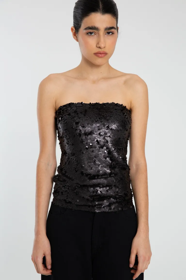 Top strapless confeccionado en lentejuela con cierre invisible en la espalda de Naíma en Tops para argentina