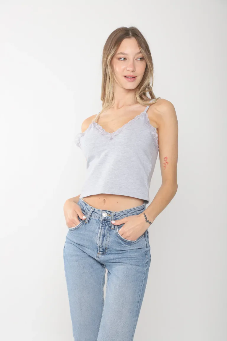 Top femenino de escote en V con detalles de encaje de Belle en Tops para argentina