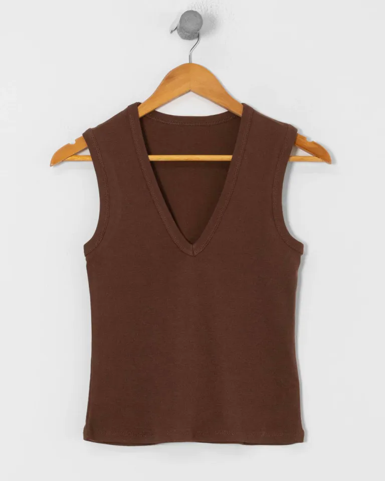 Top marrón de punto con escote en V para mujer de Sky en Tops para argentina