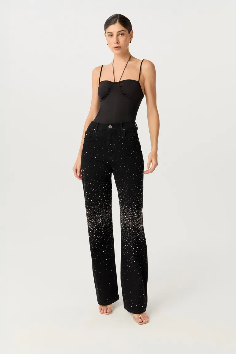 Pantalón de tiro alto con pierna ancha y cristales aplicados para un look nocturno con brillo de Markova en Pantalones para argentina