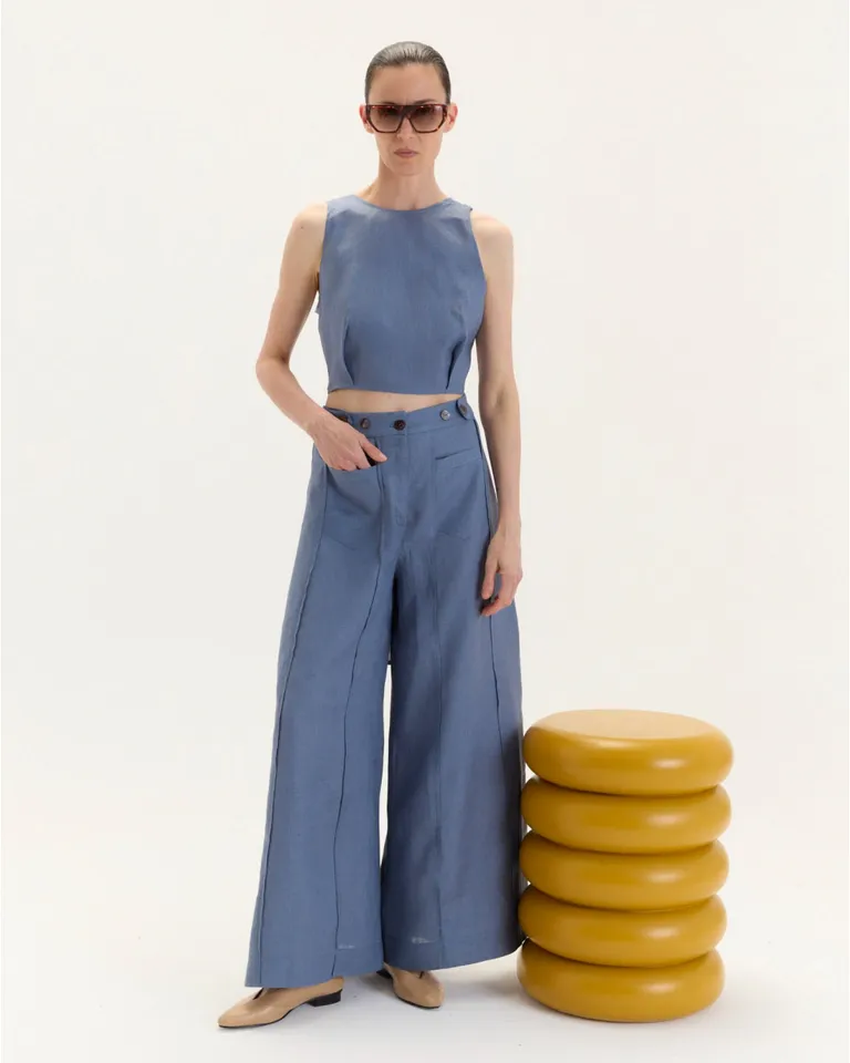 Pantalón Jorgelina de Lino de Pierna Ancha con Detalles en la Cintura de Blue Sheep en Pantalones para argentina