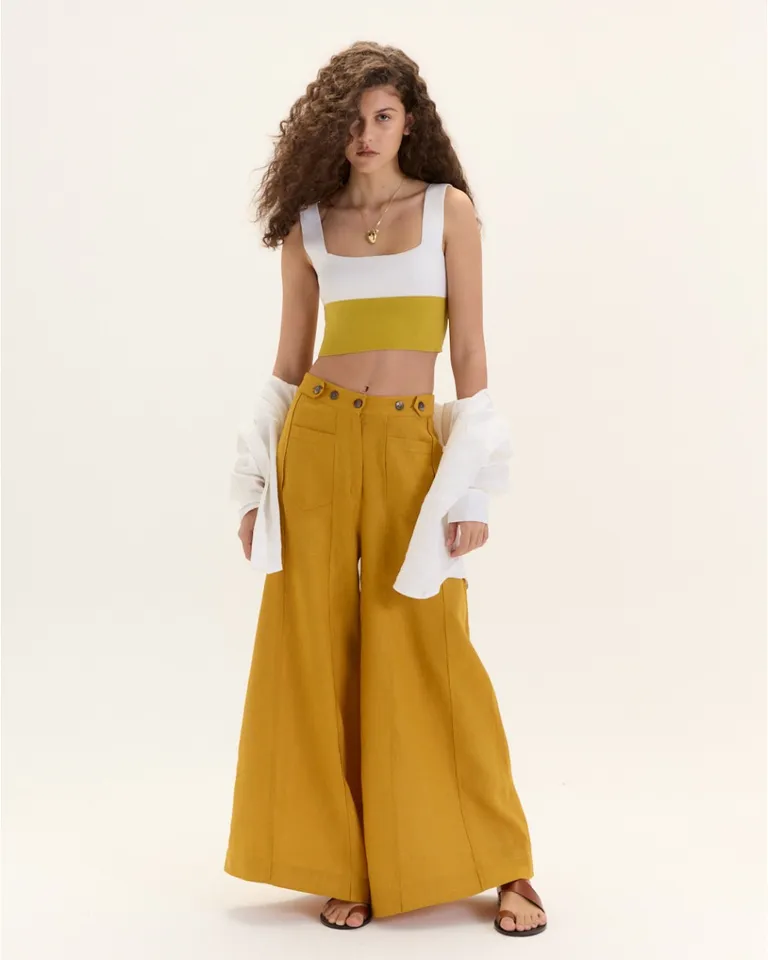 Pantalón Jorgelina de Lino de Pierna Ancha con Detalles en la Cintura de Blue Sheep en Pantalones para argentina