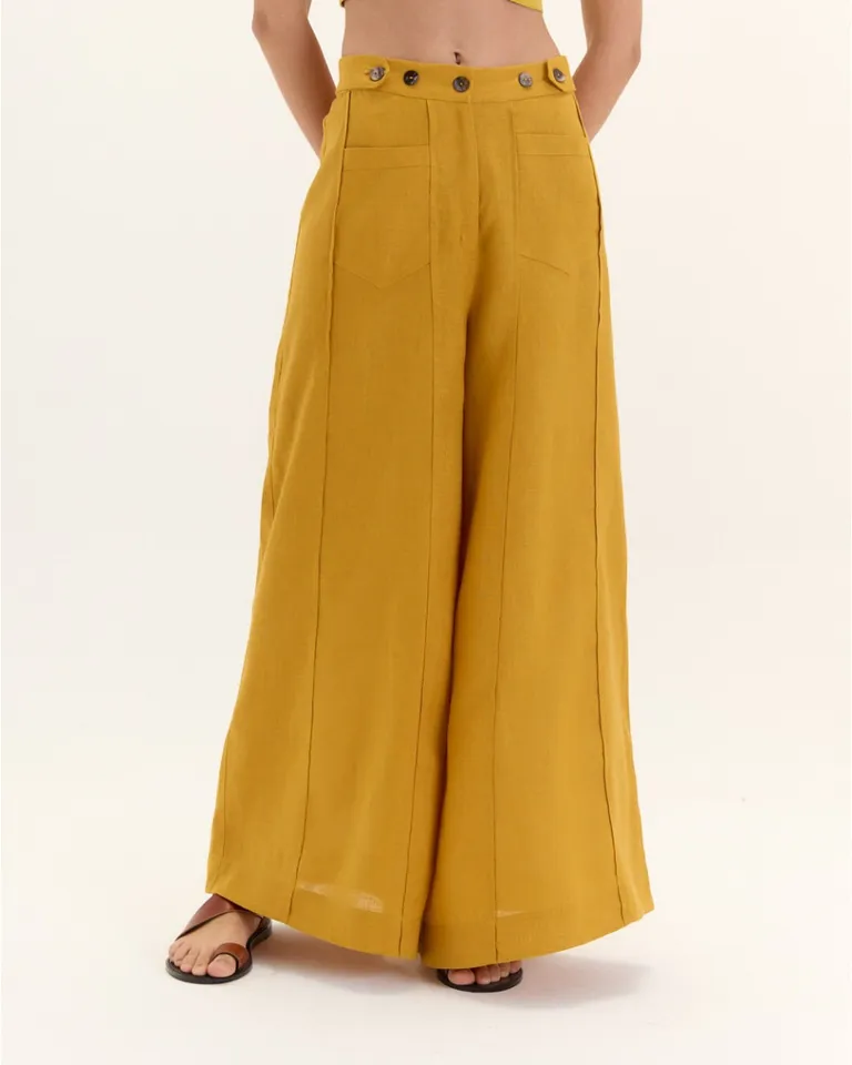 Pantalón Jorgelina de Lino de Pierna Ancha con Detalles en la Cintura de Blue Sheep en Pantalones para argentina