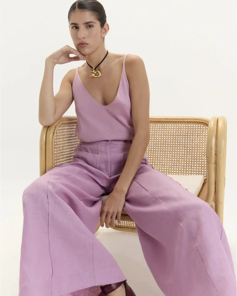 Pantalón Jorgelina de Lino de Pierna Ancha con Detalles en la Cintura de Blue Sheep en Pantalones para argentina