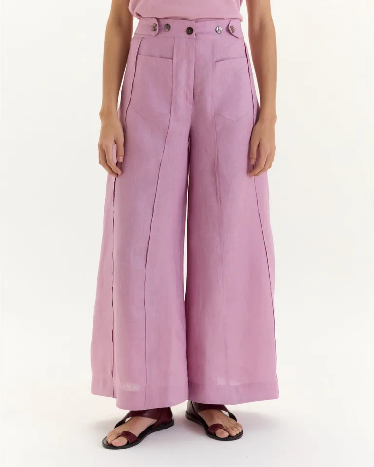 Pantalón Jorgelina de Lino de Pierna Ancha con Detalles en la Cintura de Blue Sheep en Pantalones para argentina