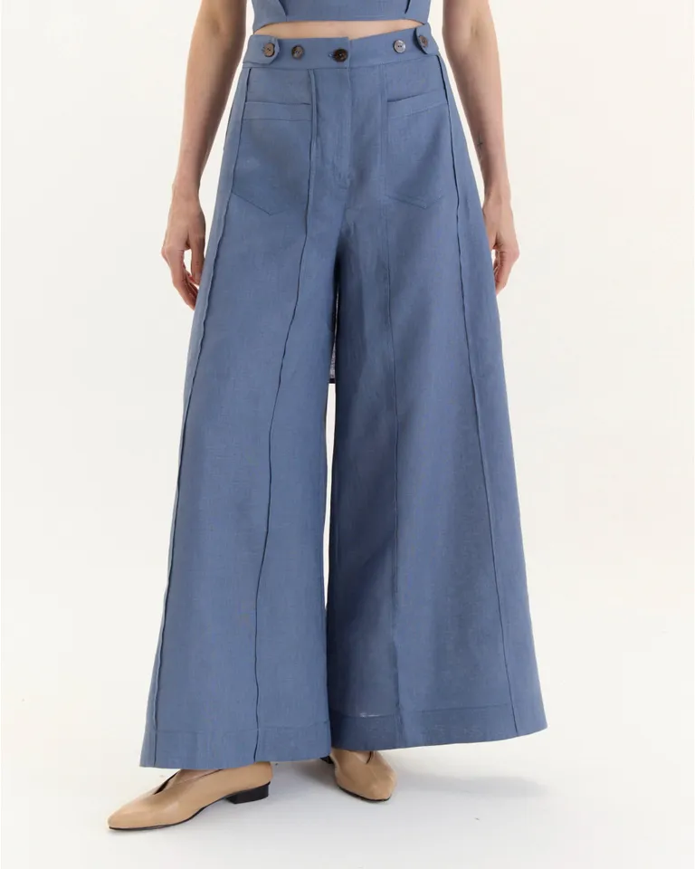 Pantalón Jorgelina de Lino de Pierna Ancha con Detalles en la Cintura de Blue Sheep en Pantalones para argentina