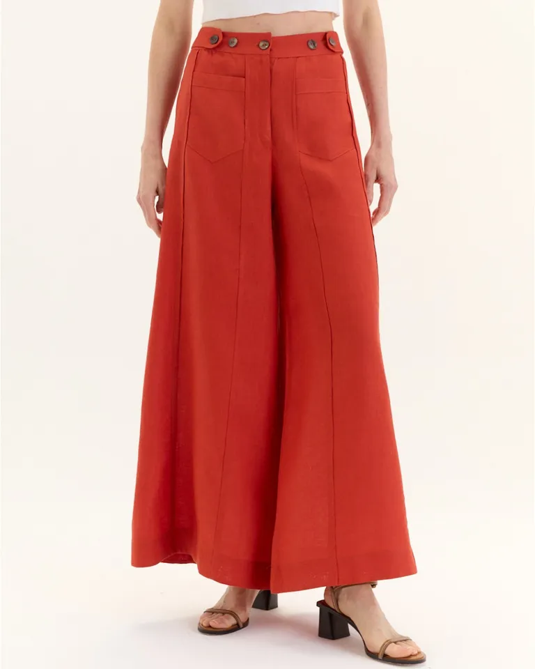 Pantalón Jorgelina de Lino de Pierna Ancha con Detalles en la Cintura de Blue Sheep en Pantalones para argentina