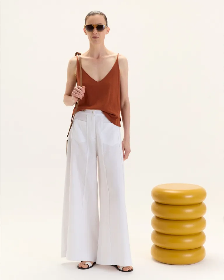 Pantalón Jorgelina de Lino de Pierna Ancha con Detalles en la Cintura de Blue Sheep en Pantalones para argentina