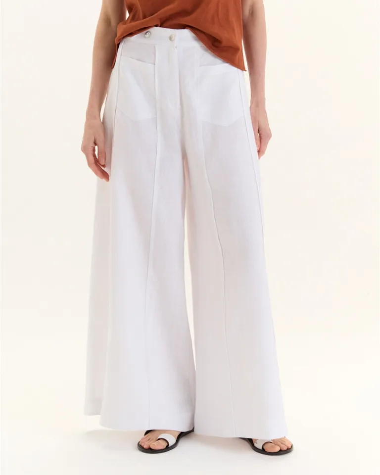 Pantalón Jorgelina de Lino de Pierna Ancha con Detalles en la Cintura de Blue Sheep en Pantalones para argentina