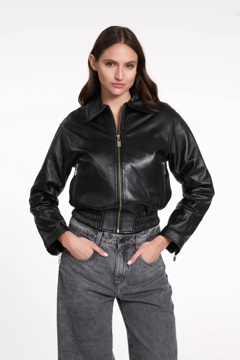 Chaqueta bomber de cuero negro con elástico en la cintura para un estilo refinado de Justaosadia en Chaquetas para argentina