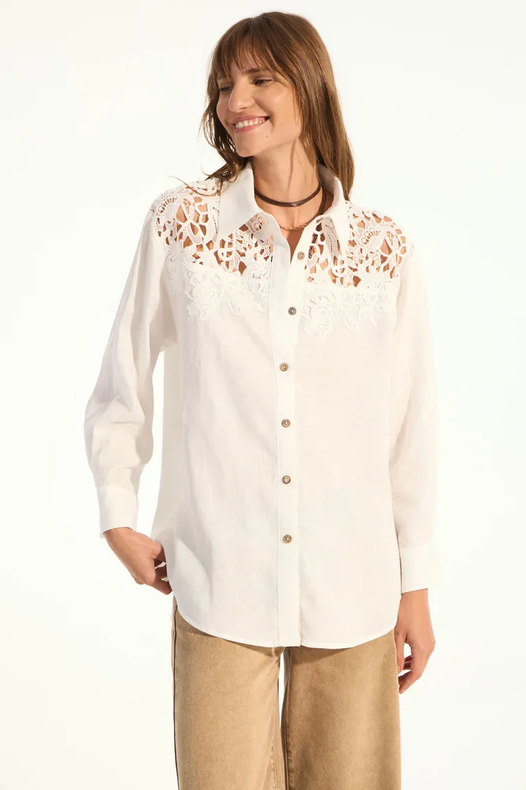 Camisa blanca de lino de corte amplio y mangas largas con detalles de tajo de Portsaid en Camisas para argentina