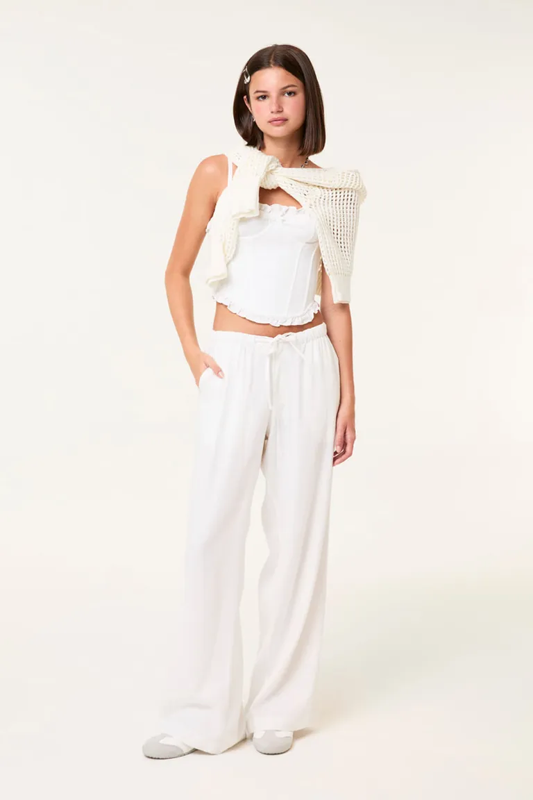 Pantalón de lino blanco de corte relajado con cintura elastizada y lazo ajustable de 47 Street en Pantalones para argentina