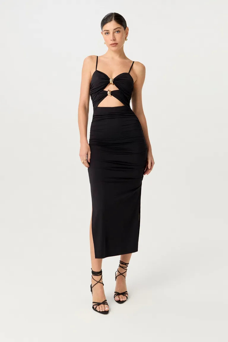 Vestido negro de jersey microfibra premium con recortes y pasadores metálicos de Markova en Vestidos para argentina