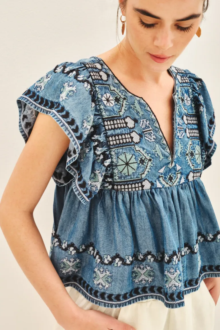 Camisa de tencel con bordado y terminaciones en volados de Rapsodia en Camisas para argentina