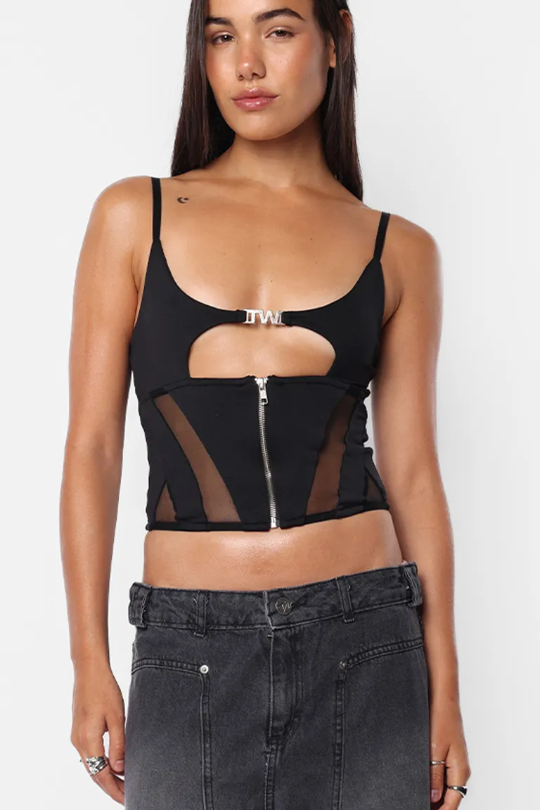 Corset negro de microfibra con recortes en microtul y cierre metálico de Top White en Ropa Interior y Medias para argentina