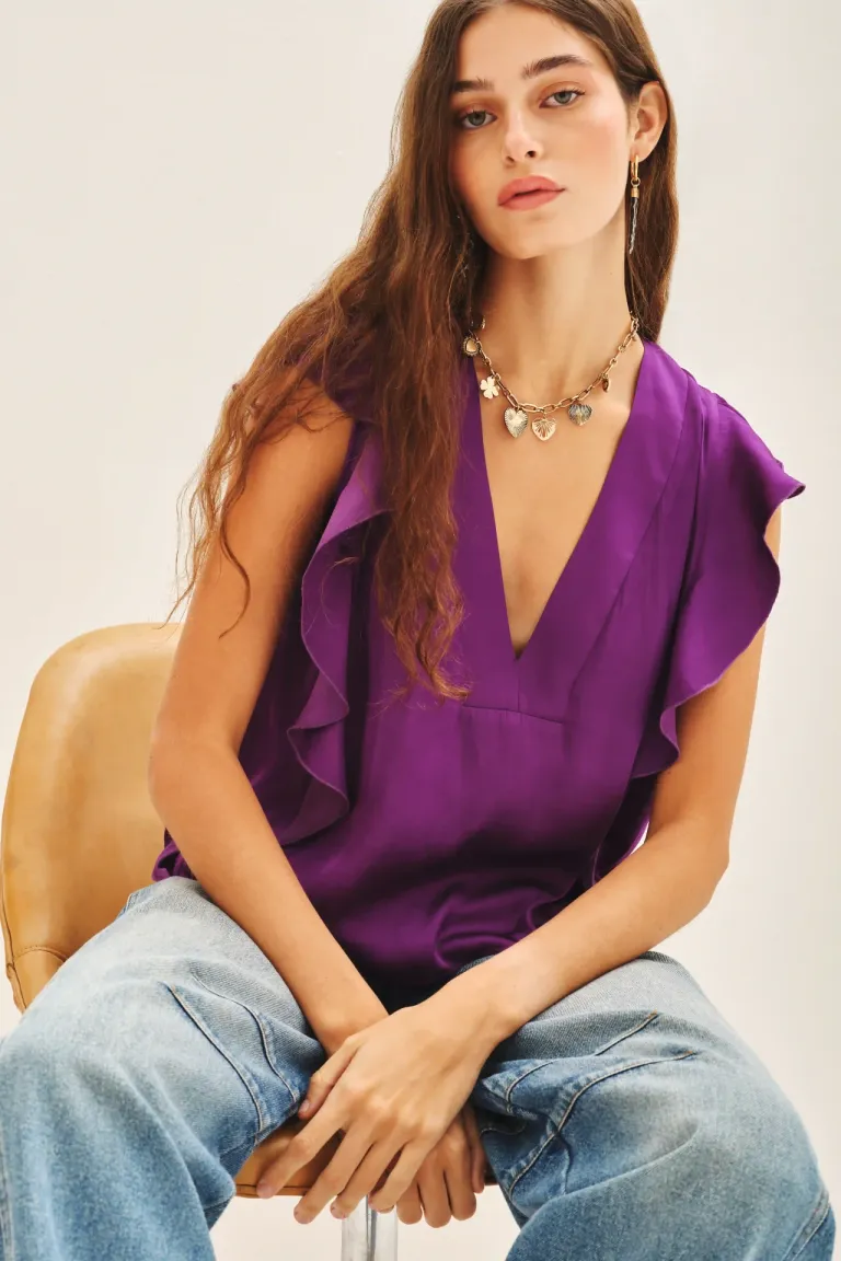 Camisa de Volados Violeta con Escote Pronunciado para Mujer de Rapsodia en Camisas para argentina