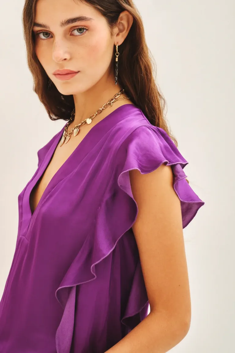 Camisa de Volados Violeta con Escote Pronunciado para Mujer de Rapsodia en Camisas para argentina