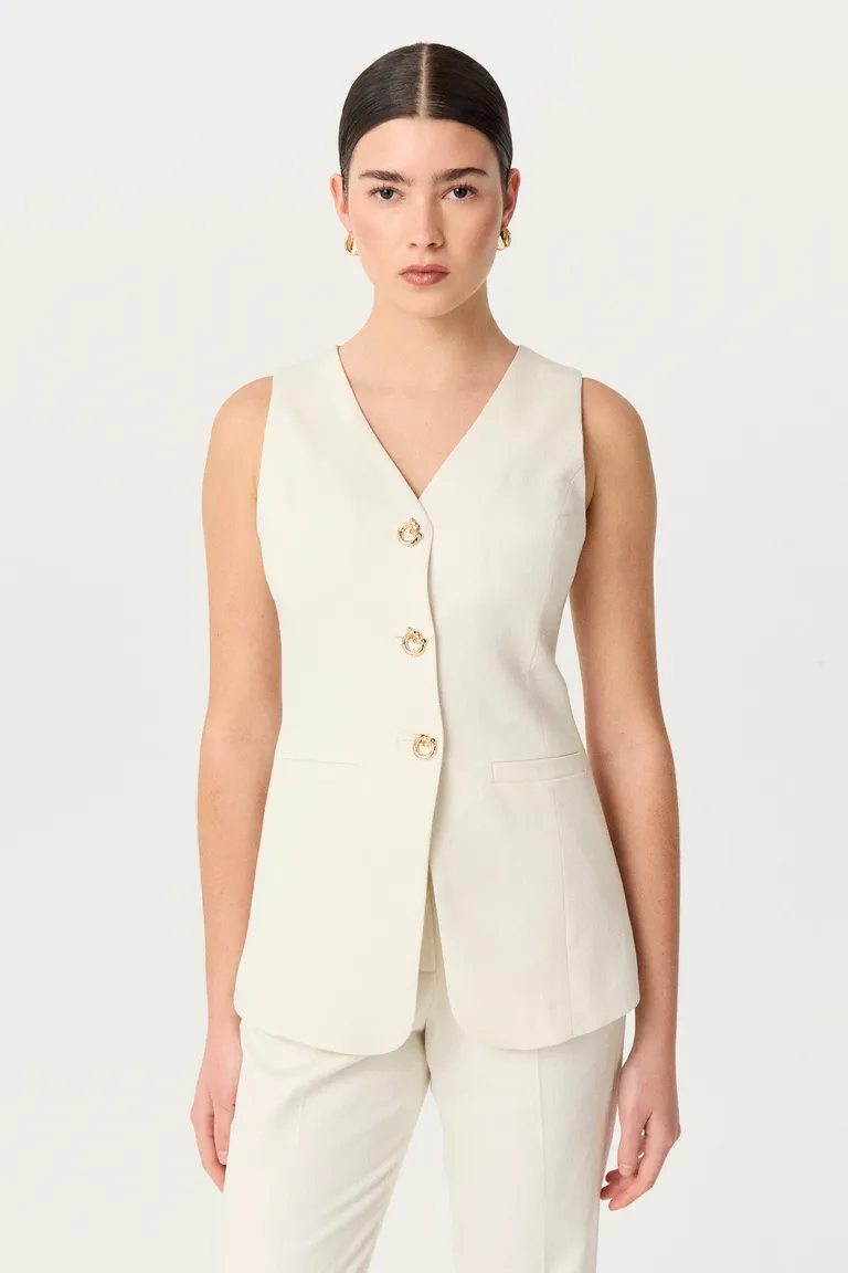 Chaleco de lino y viscosa con escote en V y botones metálicos exclusivos de Markova en Chalecos para argentina