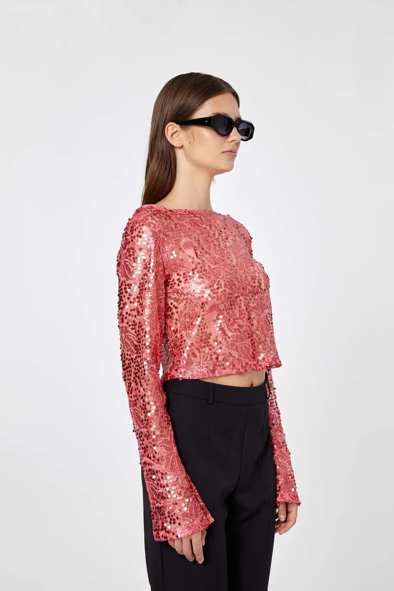 Top de encaje rojo con lentejuelas y escote bote para mujer de Naíma en Tops para argentina