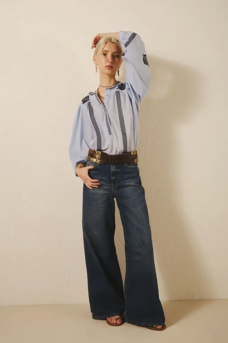 Pantalón de Denim de Corte Oxford Azul con Desgaste y Pierna Ancha de Rapsodia en Pantalones para argentina