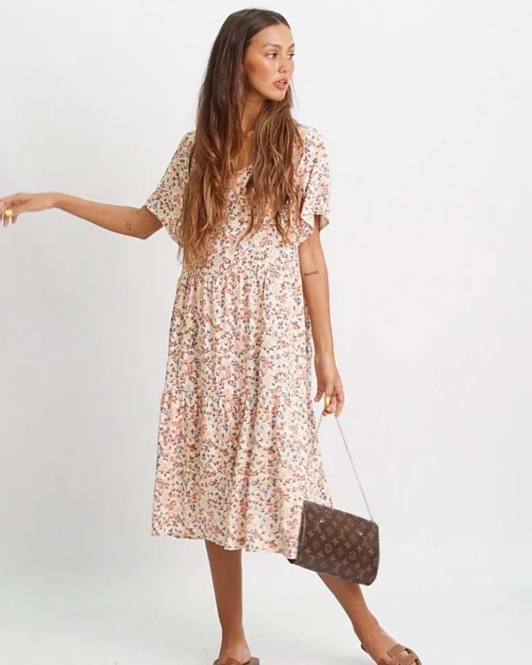 Vestido de lino estampado con doble frunce para mujer de Hesed en Vestidos para argentina