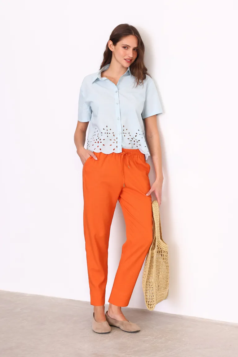 Pantalón de lino con cintura elástica, corte recto y tiro alto para mujer de Yagmour en Pantalones para argentina